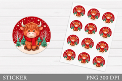 Christmas Cow Sticker Printable. Christmas Round Sticker Product Image 1
