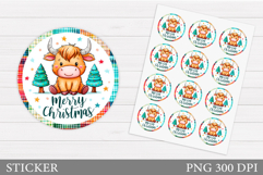 Christmas Cow Sticker Printable. Christmas Round Sticker Product Image 1