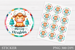 Christmas Cow Sticker Printable. Christmas Round Sticker Product Image 1