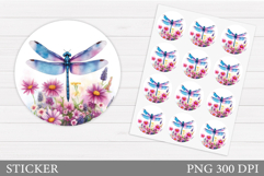 Dragonfly Sticker Template. Flowers Sticker Design Product Image 1