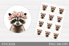 Cute Raccoon Sticker. Raccoon Flowers Sticker Printable Product Image 1