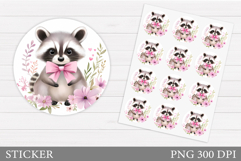 Cute Raccoon Sticker. Raccoon Flowers Sticker Printable Product Image 1