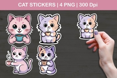 Cute Cat Sticker Illustrations | Kawaii Coffee Cat PNG Product Image 1