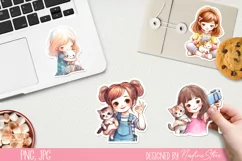 Cute girl and her kitten printable stickers 2. PNG. Product Image 2