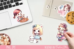 Cute girl and her kitten printable stickers 3. PNG. Product Image 2