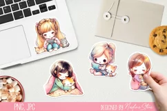 Cute girl and her kitten printable stickers. PNG. Product Image 2