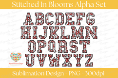Stitched floral alphabet PNG set featuring bold varsity-style letters A through Z with red, black, and white flower patterns, stitched outlines, transparent background, 300 DPI sublimation design for personalized crafts and monograms.