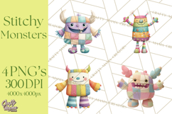 Cute Halloween Monster Clipart PNG, Patchwork Monsters Png Product Image 1