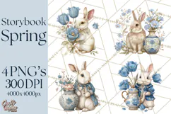 French Vintage Spring Clipart PNG, Pastel Bunny & Floral Art Product Image 1