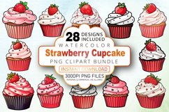 Strawberry Cupcake Watercolor Clipart Bundle Product Image 1