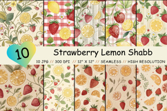 strawberry lemon, fruit pattern, gingham background, vintage picnic, shabby chic, cottage core, kitchen decor, summer fruit, floral border, printable paper, junk journal, scrapbook design, digital download, commercial use, distressed texture, tea party, c