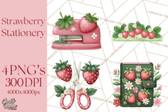 Strawberry Stationery Clipart, Pastel Office Supplies Png Product Image 1