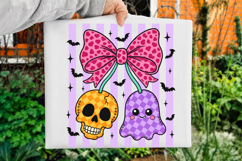 Striped Halloween Ghost &amp; Skull with Cherry Bow Png Product Image 2