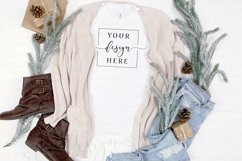 Christmas Shirt Mockup Styled White Bella Canvas 3001 Wood Product Image 1