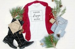 Christmas Shirt Mockup Styled White Bella Canvas 3001 Wood Product Image 1