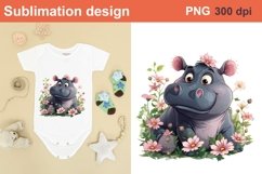 Spring Hippo sublimation | Hippo in flowers clipart Product Image 1