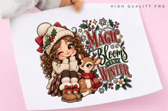 Cozy Winter Girl and Deer Holiday Magic Floral Snowflake PNG Product Image 3