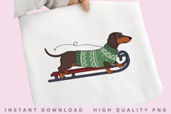 Christmas Dachshund PNG, Wiener Dog on Sled Clipart, Cute Product Image 1