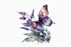 Purple Flowers Butterfly Watercolor Clipart Product Image 4