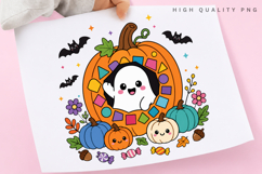 Cute Ghost In Pumpkin PNG, Colorful Mosaic Pumpkin Product Image 3