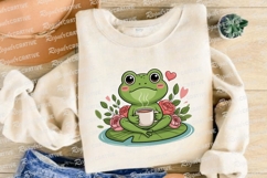 Cute Frog Meditating With Coffee On Lily Sublimation PNG Product Image 4