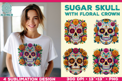 Cute Sugar Skull Sublimation Design with Floral Crown Product Image 1