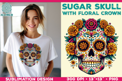 Cute Sugar Skull Sublimation Design with Floral Crown Product Image 1
