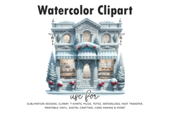 Winter Bakery Storefront Clipart | Watercolor Snowy Bakery Product Image 1