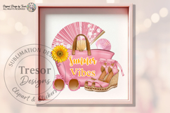 a pink beach bag with “Summer Vibes” text, paired with sandals, sunglasses, a fan, and floral elements.