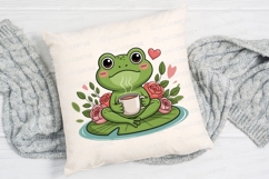 Cute Frog Meditating With Coffee On Lily Sublimation PNG Product Image 2
