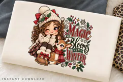 Cozy Winter Girl and Deer Holiday Magic Floral Snowflake PNG Product Image 2