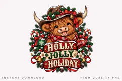 Cute Highland Cow Holly Jolly Holiday Christmas Winter PNG Product Image 1