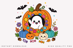 Cute Ghost In Pumpkin PNG, Colorful Mosaic Pumpkin Product Image 1