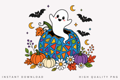 Cute Ghost In Blue Pumpkin PNG, Mosaic Pumpkin Sublimation Product Image 2