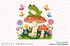 Cute Frog Sitting On Mushroom Surrounded Sublimation PNG Product Image 1