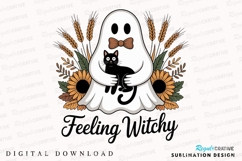 Ghost with Cat and Floral Elements Feeling Sublimation PNG Product Image 1