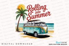 Turquoise Bus on Beach with Palm Tree and Sublimation PNG Product Image 1