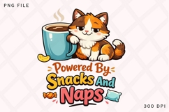 Powered By Snacks and Naps Cat PNG, Funny Lazy Cat Coffee Product Image 1