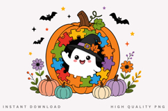 Autism Awareness Halloween PNG, Cute Ghost Puzzle Pumpkin Product Image 1
