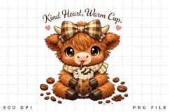 Kind Heart Warm Cup Cute Highland Cow Coffee PNG Design Product Image 1