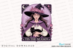 Witch with Black Cat Wearing Hat and Roses Sublimation PNG Product Image 1