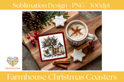 Set of four farmhouse Christmas coaster sublimation PNG designs featuring buffalo plaid borders, a holiday wreath on a rustic window, cozy front porch with rocking chair, winter floral arrangement with lantern, and festive farmhouse dining table decorated