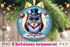 Holiday Christmas sublimation design of round ornament with funny fairy owl with glasses. High resolution and perfect quality for Cricut Craft and printing