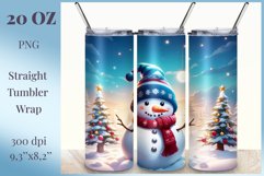 Sublimation design featuring a cute snowman against a backdrop of holiday Christmas trees, tumbler wrapper 20 oz