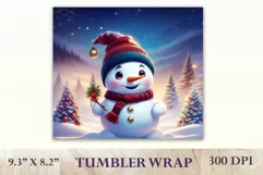 Sublimation design featuring a cute snowman against a backdrop of holiday Christmas trees, tumbler wrapper 20 oz