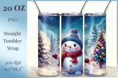 Sublimation design featuring a cute snowman against a backdrop of holiday Christmas trees, tumbler wrapper 20 oz