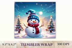 Sublimation design featuring a cute snowman against a backdrop of holiday Christmas trees, tumbler wrapper 20 oz