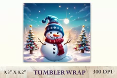 Sublimation design featuring a cute snowman against a backdrop of holiday Christmas trees, tumbler wrapper 20 oz