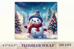 Sublimation design featuring a cute snowman against a backdrop of holiday Christmas trees, tumbler wrapper 20 oz