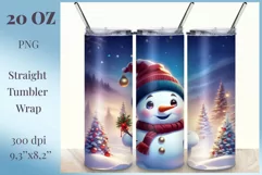 Sublimation design featuring a cute snowman against a backdrop of holiday Christmas trees, tumbler wrapper 20 oz